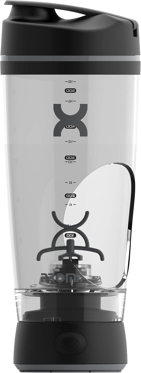 Promixx Botella mezcladora original, funciona con pilas para batidos de proteínas suaves, sin BPA, taza de 20 onzas (negro)