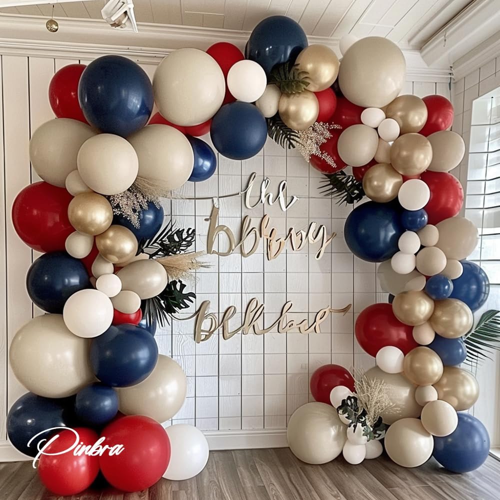 Navy Blue Red Balloon Garland – Double Stuffed Royal Blue Balloons Nude Cream White Sand Pastel Red Balloons Arch Kit For Birthday Baby Shower