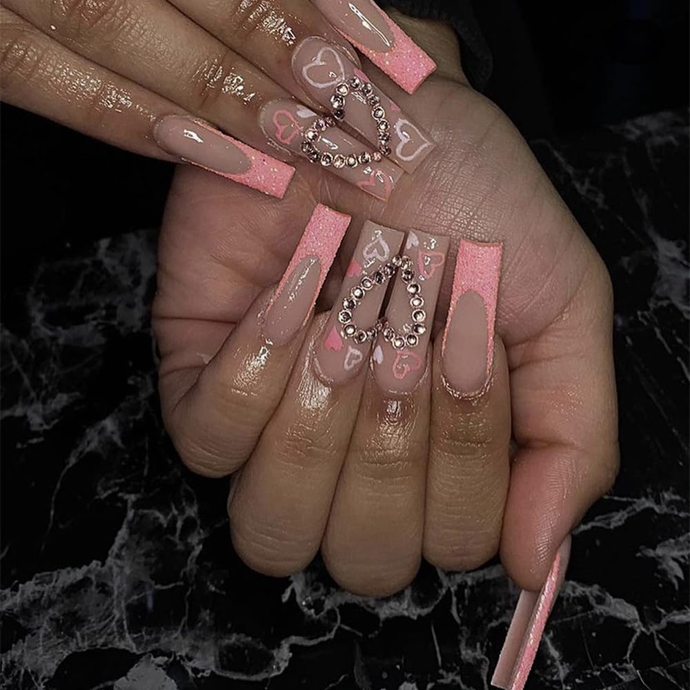 Uñas postizas largas a presión, color rosa, estilo ataúd, francesas, cobertura completa, con purpurina, uñas postizas acrílicas con diamantes de