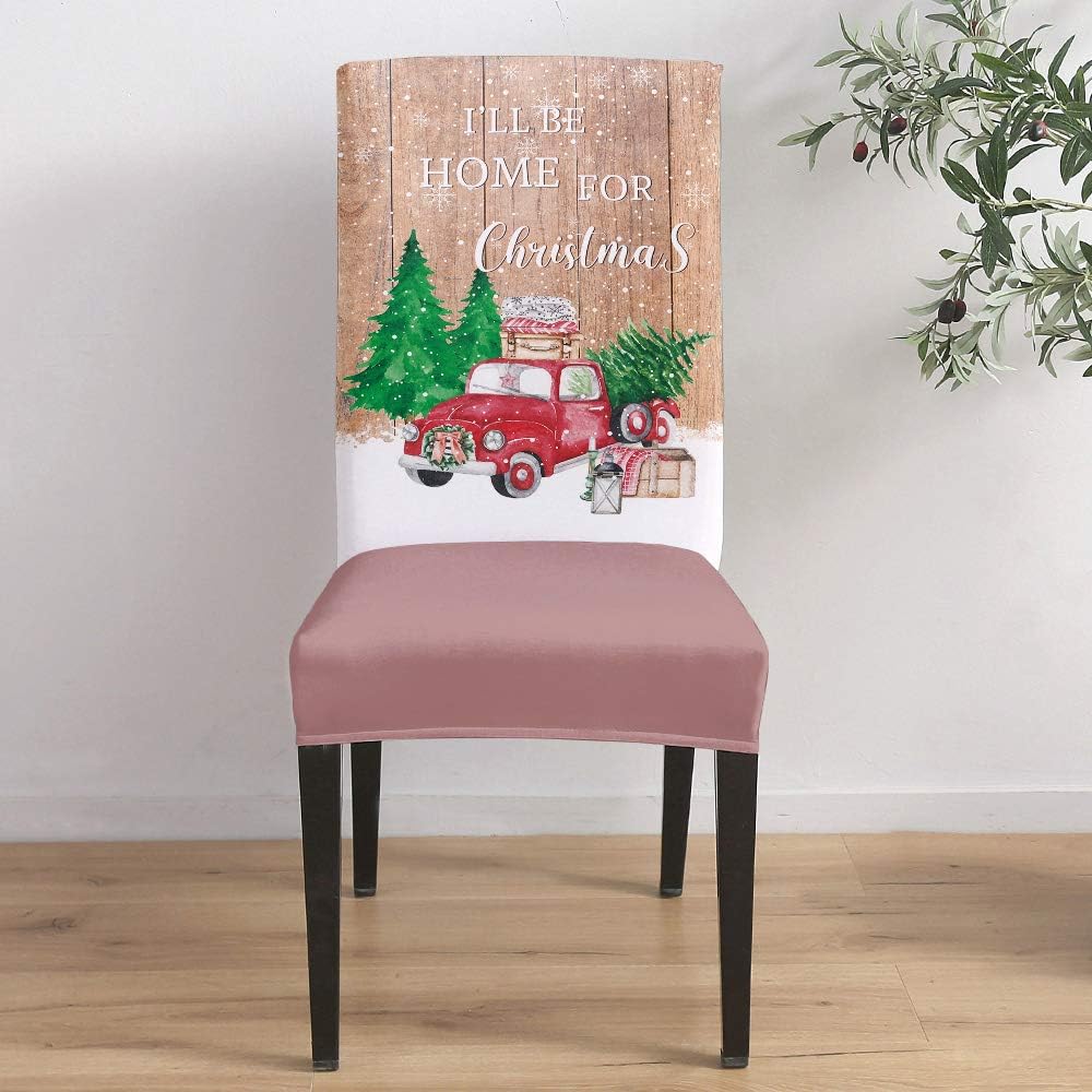 Chair Slipcovers, I’ll Be Home for Christmas Xmas Tree Truck Snow Old Wooden Plank Chair Covers Stretch Chair Cover Sets Chair Protectors for Dining