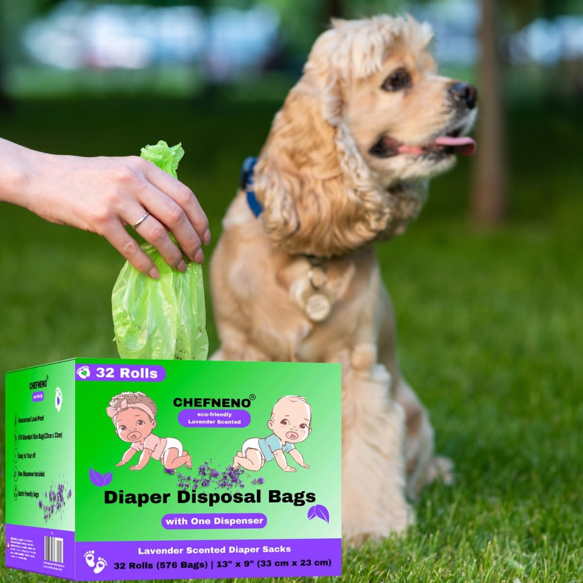 Bolsa de pañales para bebé, desechable, biodegradable, perfumada a lavanda, 32 rollos de repuesto con dispensador (576 sacos), saco de pañales