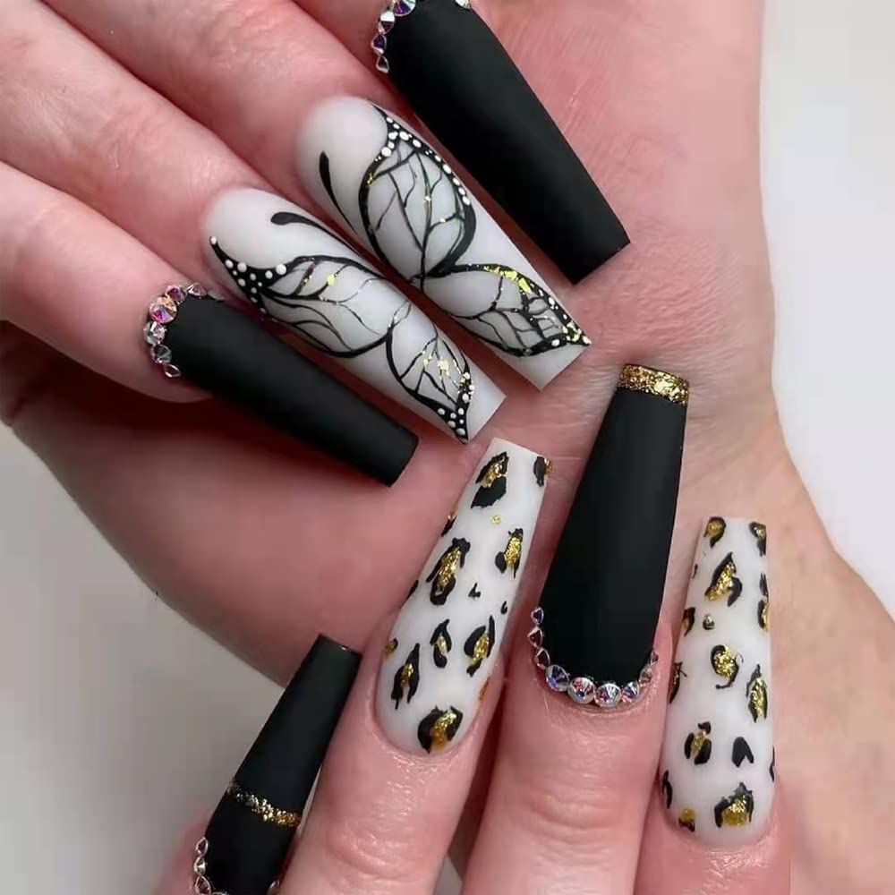 Magrace Uñas postizas largas a presión con diseño de ataúd con diseños de mariposas negras, lepoard, uñas acrílicas de ballet francés, 24 piezas de