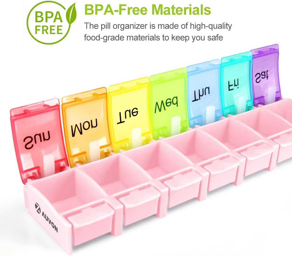 AUVON – Pastillero semanal sin BPA, adecuado para artritis, diseño de apertura de resorte y compartimento grande para vitaminas, aceite de hígado de