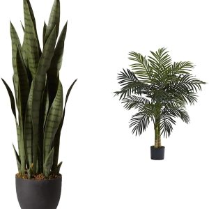 Nearly Natural Sansevieria con maceta negra y palmera de caña dorada de 4 pies Nearly Natural Sansevieria con maceta negra y palmera de caña dorada de 4 pies