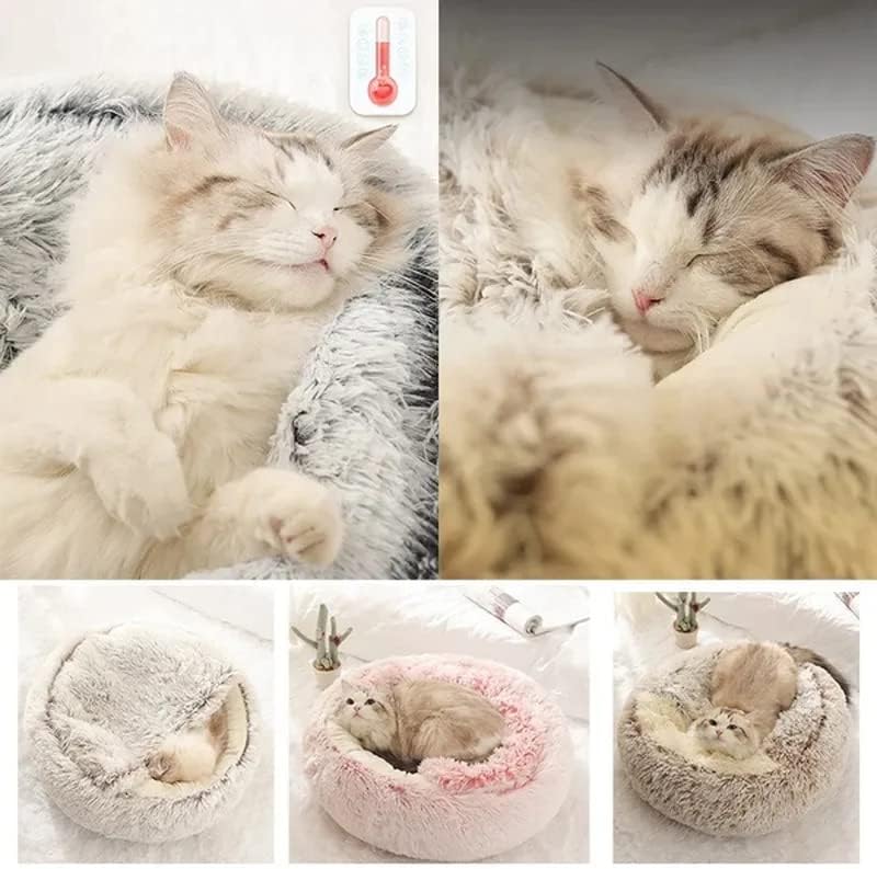 Cama pequeña para perros y gatos, cama redonda calmante en forma de dona, cama cueva antiansiedad con manta con capucha para calidez y seguridad,