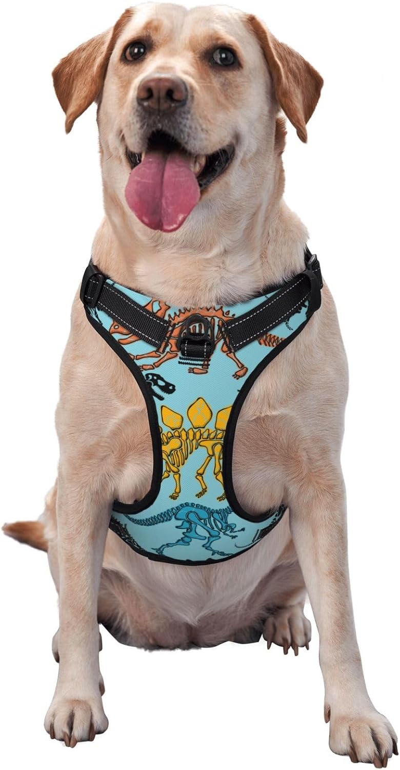 Arnés sin tirones para perro, diseño de dinosaurios, esqueleto de dibujos animados, arnés para mascotas con correa, ajustable, reflectante,