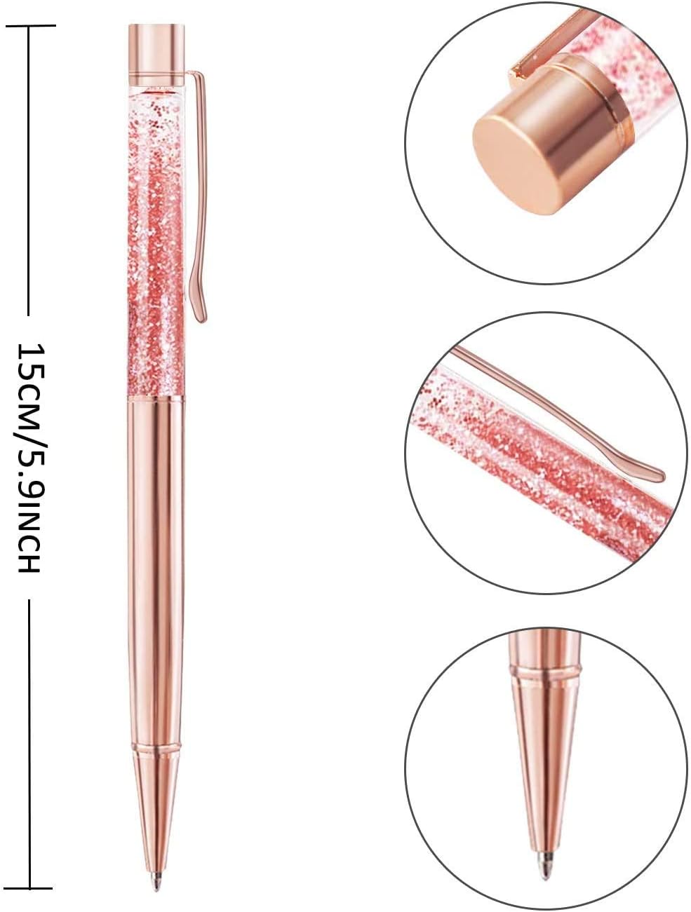 ZZTX 10 bolígrafos de oro rosa, bolígrafo de metal brillante dinámico de arena líquida con recambios, tinta negra, suministros de oficina,