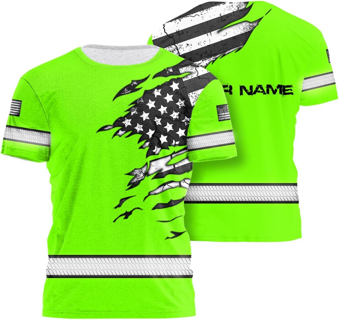 HiVis Custom Camisa de alta visibilidad de calavera con bandera de Estados Unidos para hombres, camisas de seguridad con nombre personalizado, ropa