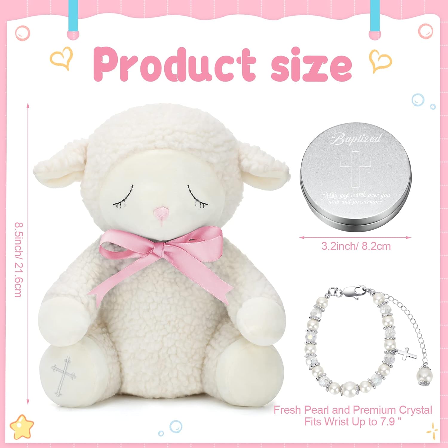 5 piezas de regalos de bautismo para niñas incluyen tarjeta de poesía de felpa de cordero de 8.5 pulgadas con caja de regalo, pulsera de bautismo
