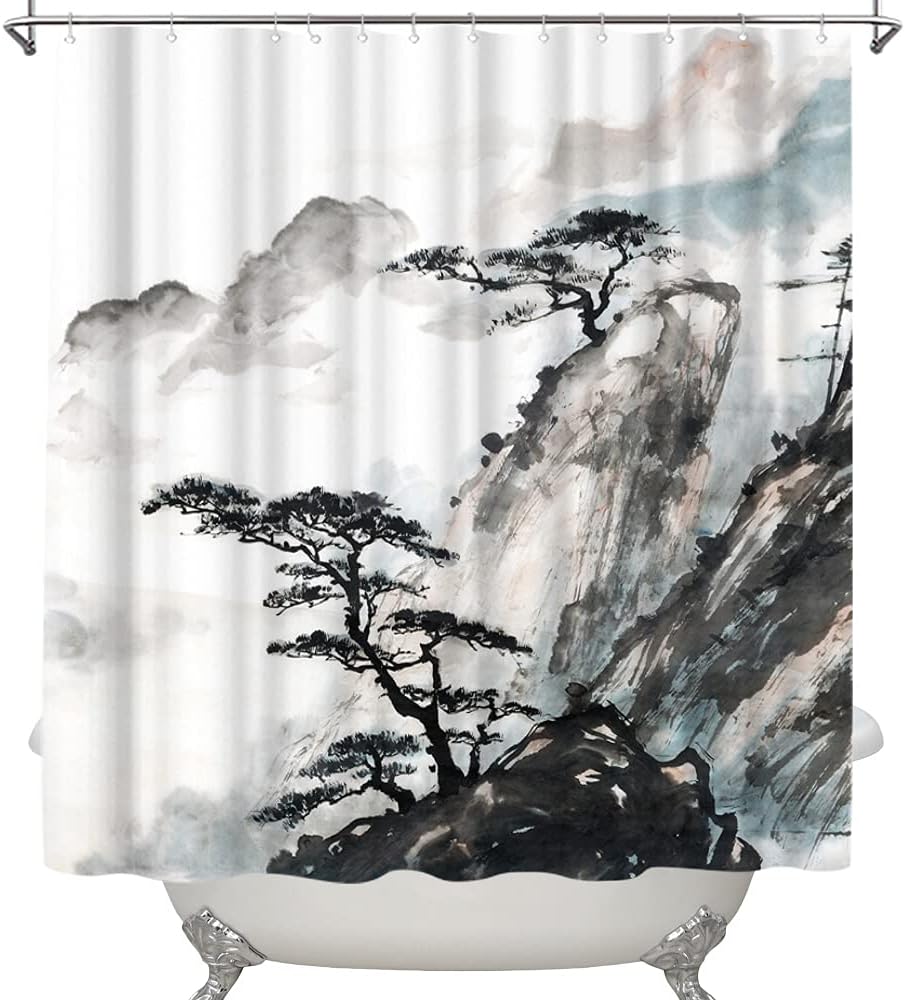 Wallall Cortina de baño con pico de montaña y pino, cortina de baño de paisaje natural, cortina de baño china tradicional con acuarela, juego de