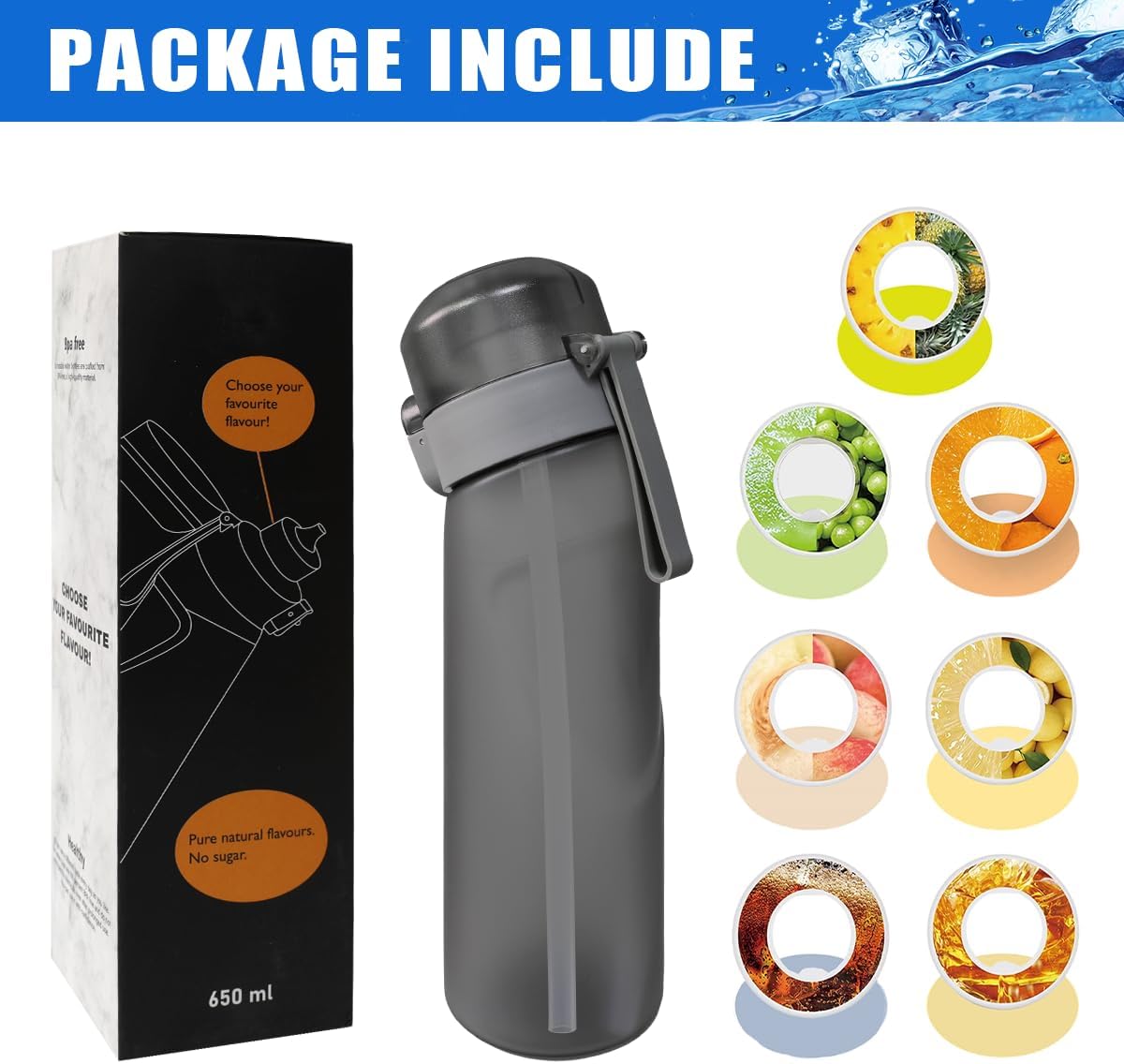 Botella de agua con cápsulas de sabor, botella de agua con fragancia de fruta, taza de agua con aroma, taza de agua deportiva adecuada para deportes