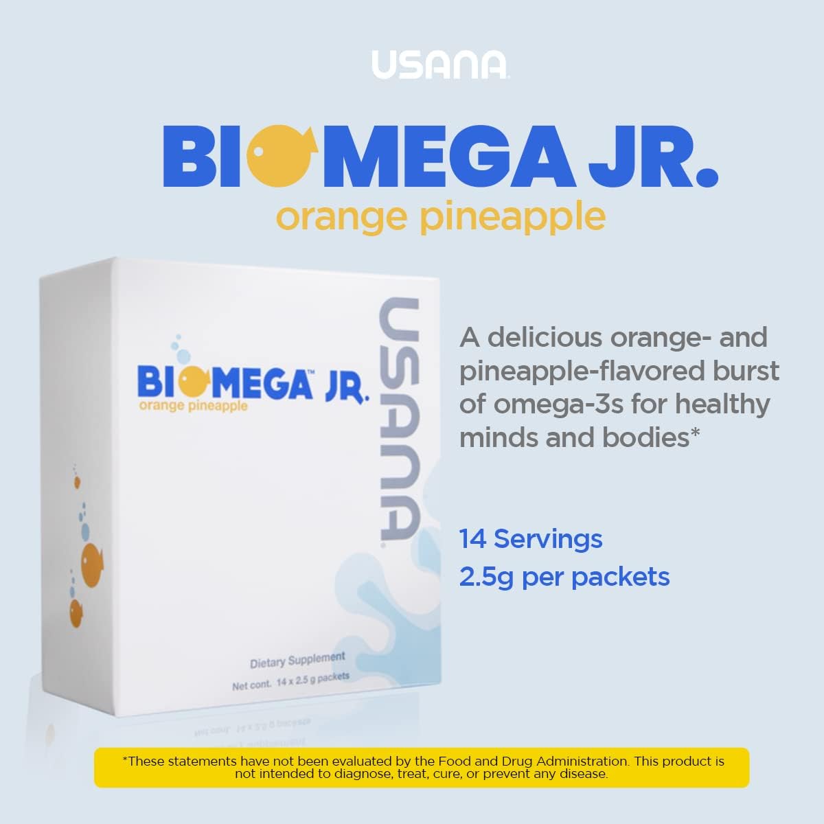 USANA BiOmega Jr. Suplemento de aceite de pescado con ácidos grasos Omega 3 para niños de 4 años o más – 14 paquetes