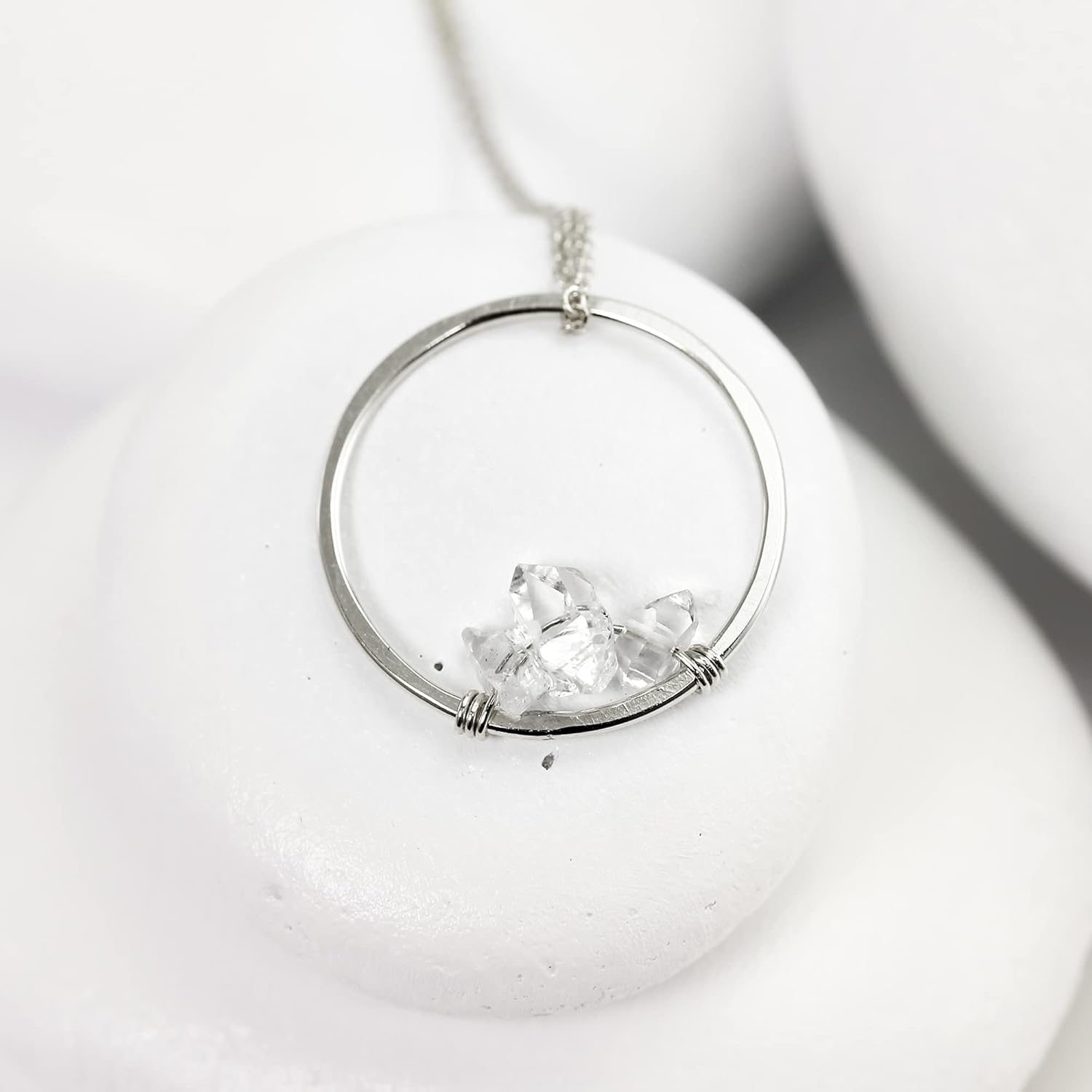 Herkimer Diamond Necklace on 16 inch 14K Gold Filled Chain Crystal Necklace for Women by Lotus Stone Design (Silver, 16″ Circle Frame)