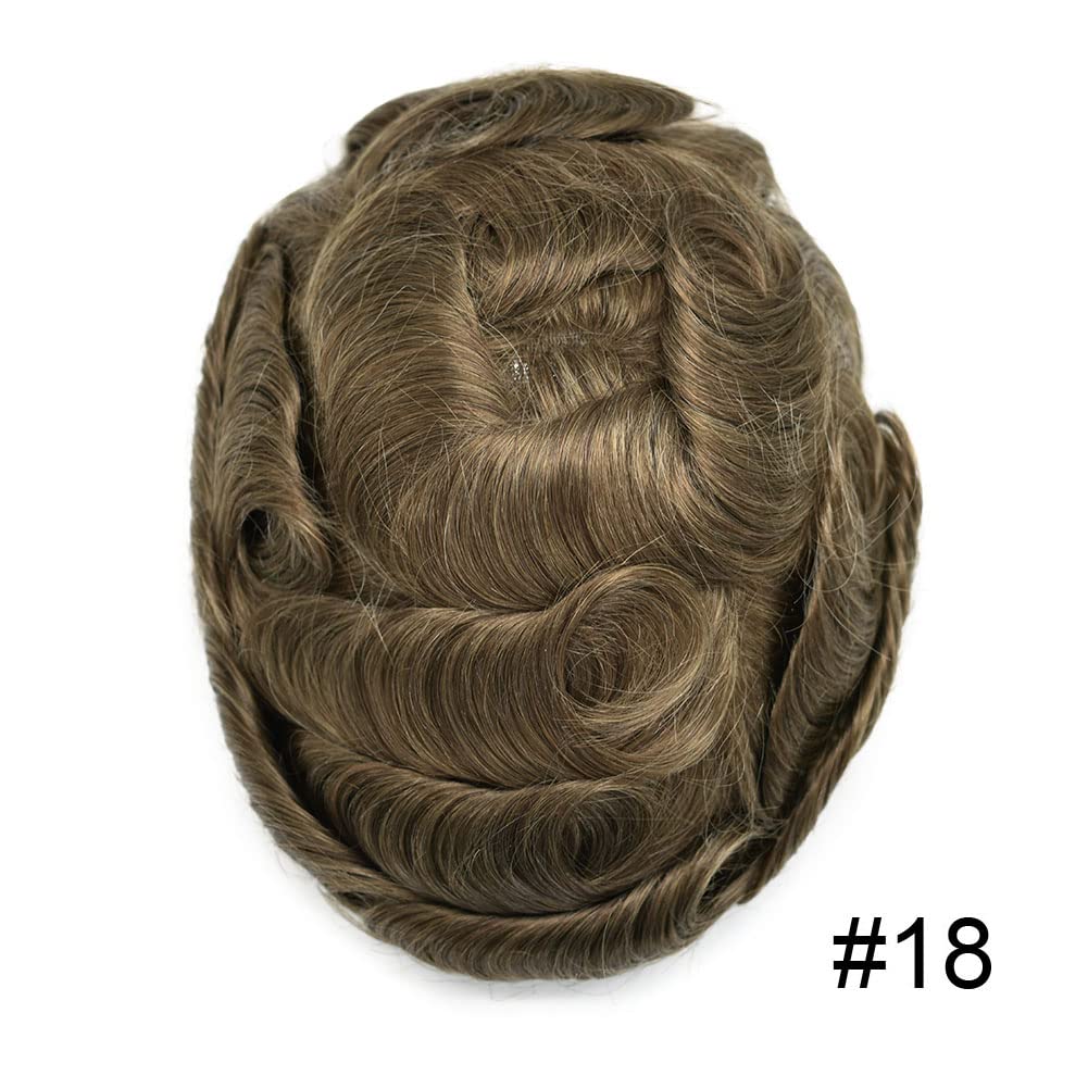 Toupee para hombres sistemas de cabello humano 0.002 in piel ultra fina para hombre Toupee V-Looped PU Hairpieces 90% densidad de luz, 18 #