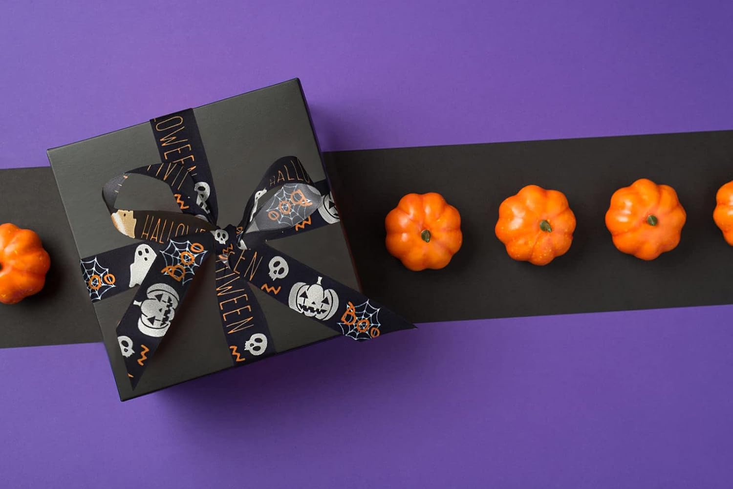 4 cintas de Halloween para manualidades, cintas impresas de araña de calabaza de Halloween, cinta de satén negro y naranja de 45 pulgadas de ancho