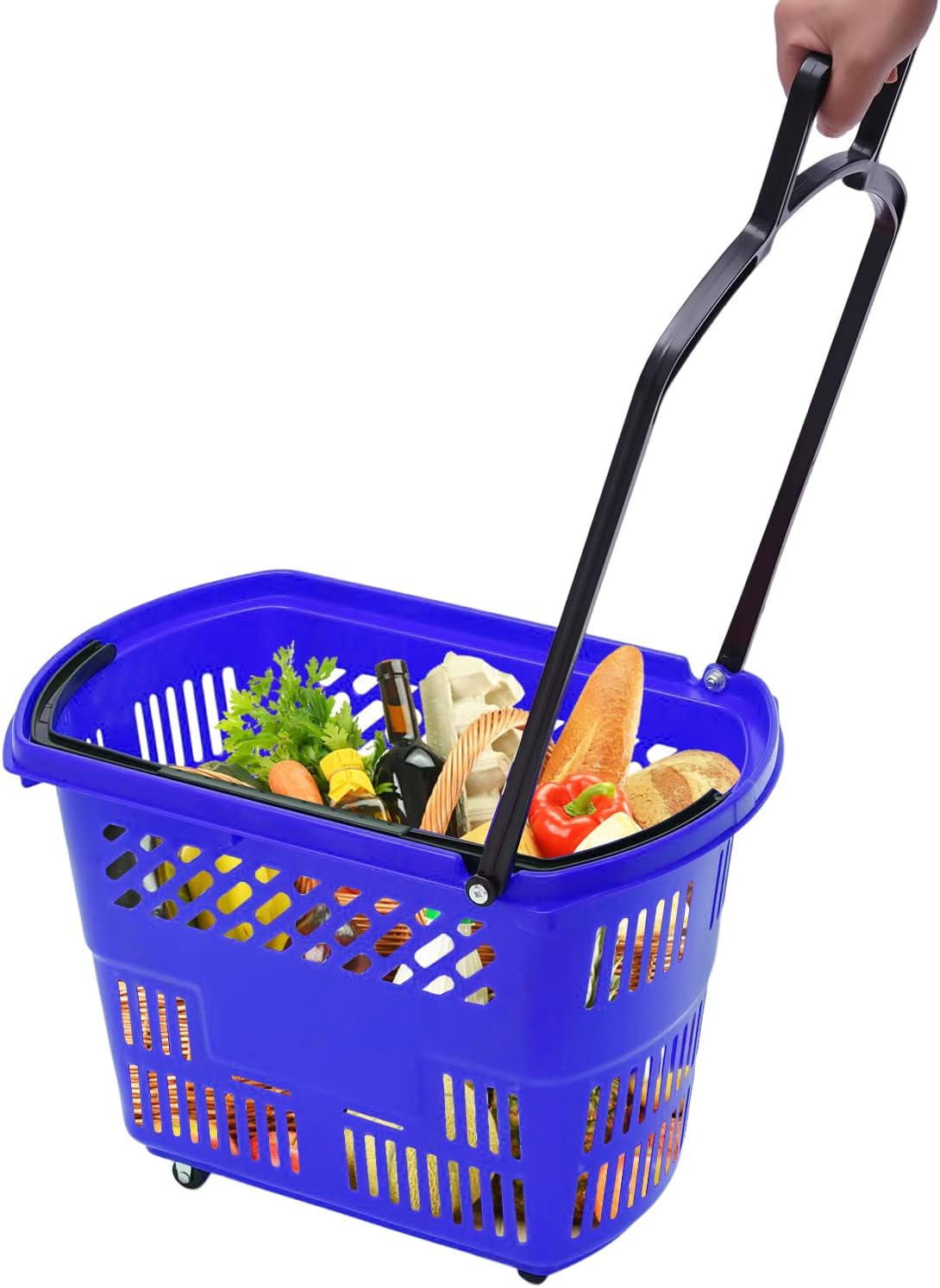 6 carritos de compras, 35 l9.2 galones de plástico con ruedas, cestas de compras con asas, juego de cestas de compras portátiles para tiendas