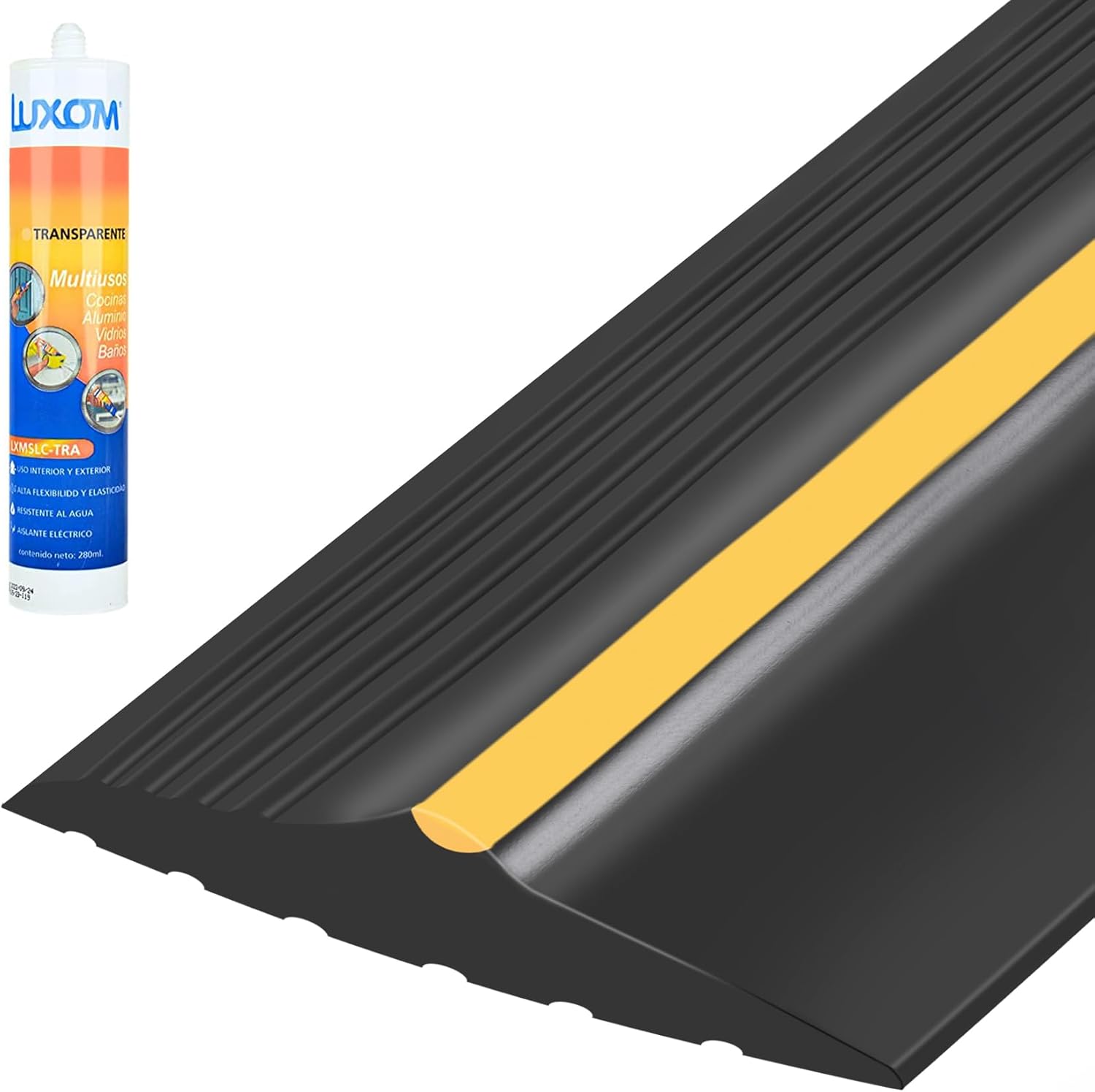 MYFAMIREA Tira de sello de umbral inferior de puerta de garaje de 12 pies con adhesivo y sellador negro de 10.1 fl oz, sello universal de goma para