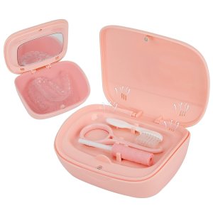 Taza de caja de baño para dentaduras postizas, con espejo, kit de frenillos dentales, estuche de retención portátil, soporte de caja de Taza de caja de baño para dentaduras postizas, con espejo, kit de frenillos dentales, estuche de retención portátil, soporte de caja de
