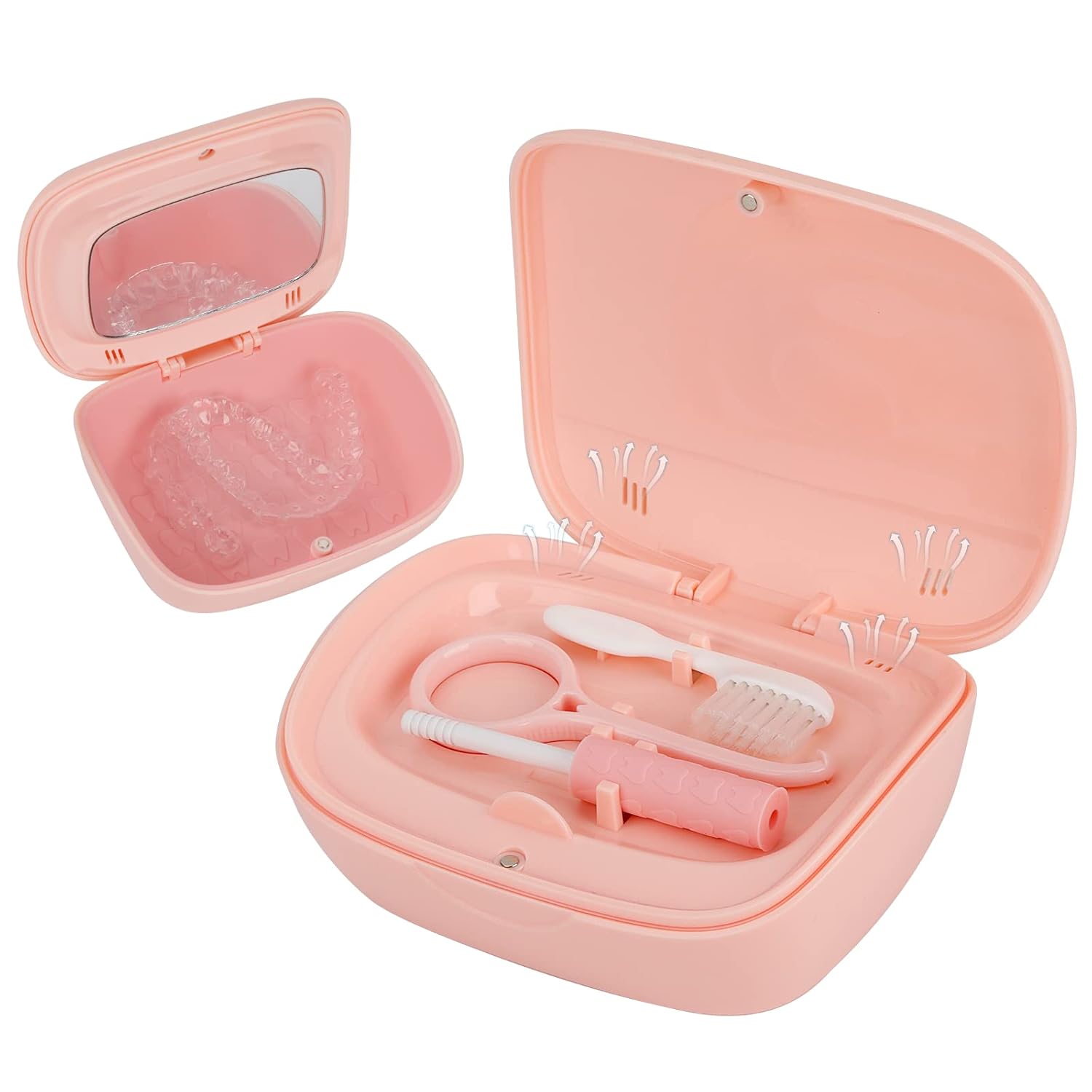 Taza de caja de baño para dentaduras postizas, con espejo, kit de frenillos dentales, estuche de retención portátil, soporte de caja de
