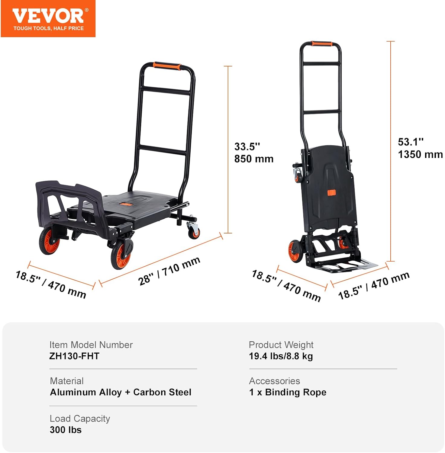 VEVOR Camión de mano plegable de aluminio, diseño 2 en 1 de capacidad de 300 libras, carrito plegable industrial resistente, carrito de ruedas de