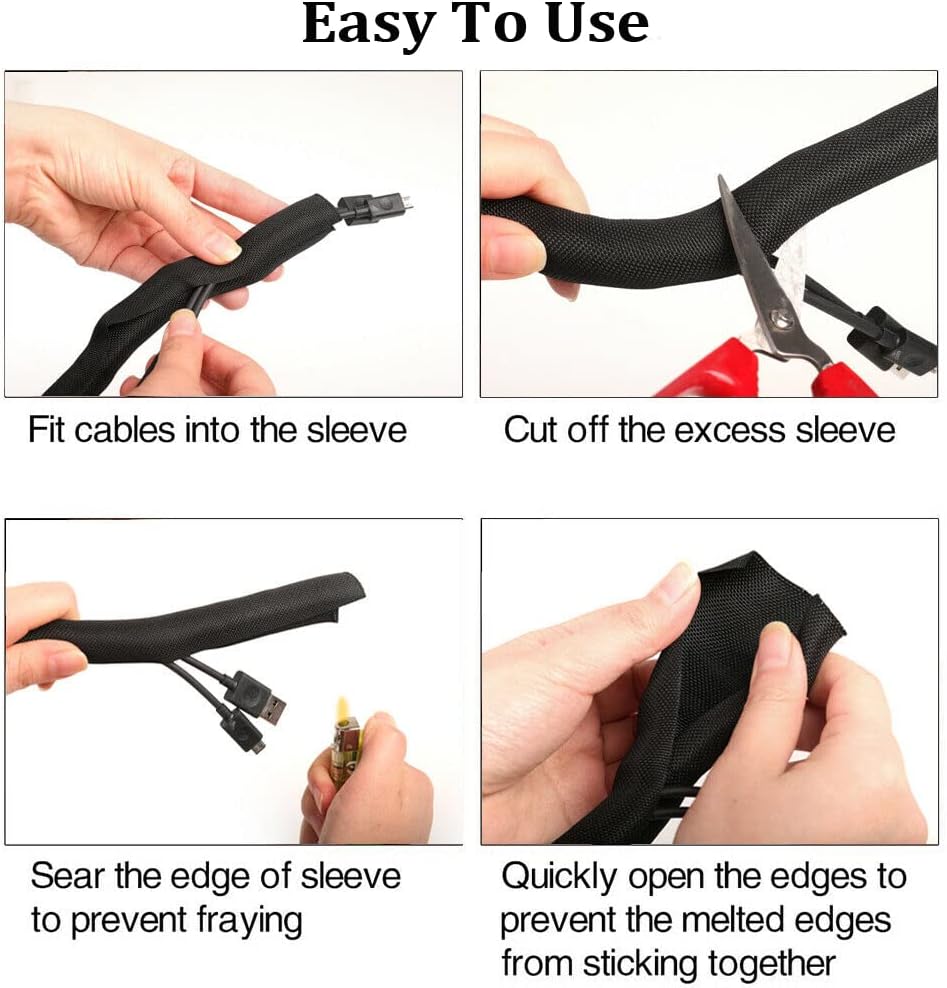 Mangas de gestión de cables trenzados, color negro, protector de cable de tubería de telar de alambre, autoenvoltura (12 “-20 pies)