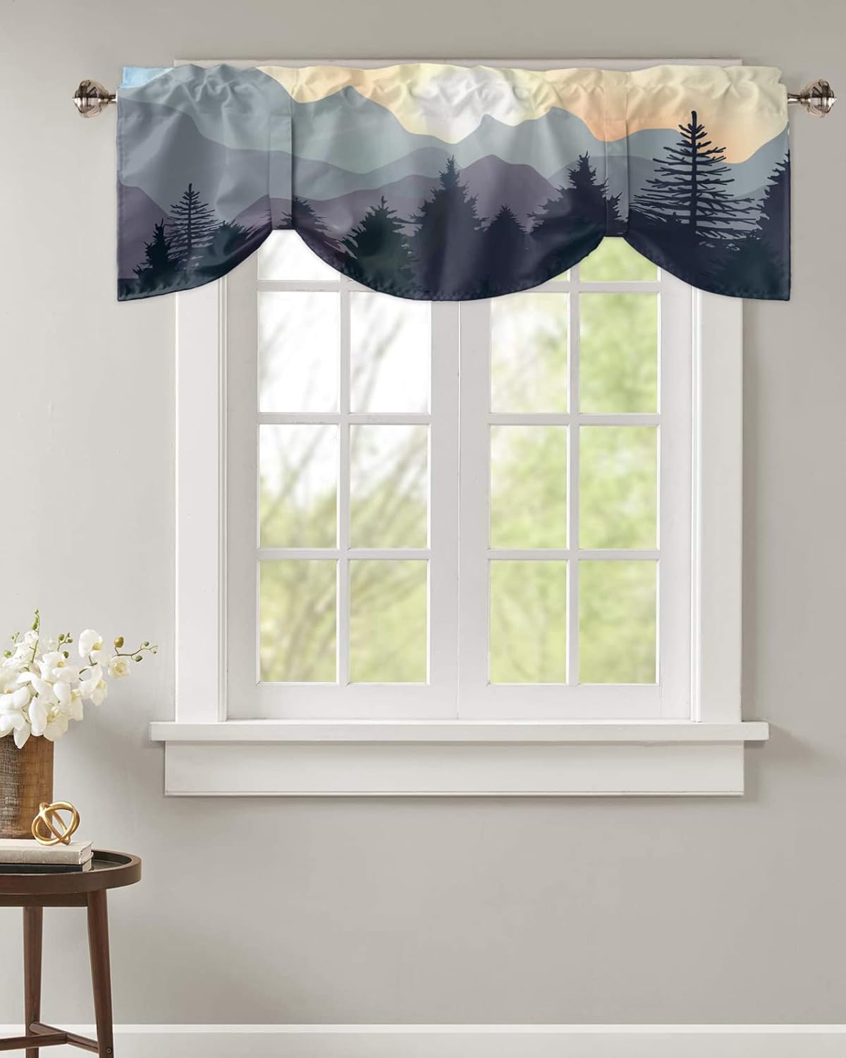Tie Up Valances for Windows, Sunset Sundown Mountains Pine Trees Woods Magnificent Scenery Adjustable Rod Pocket Short Curtain Windows Treatment