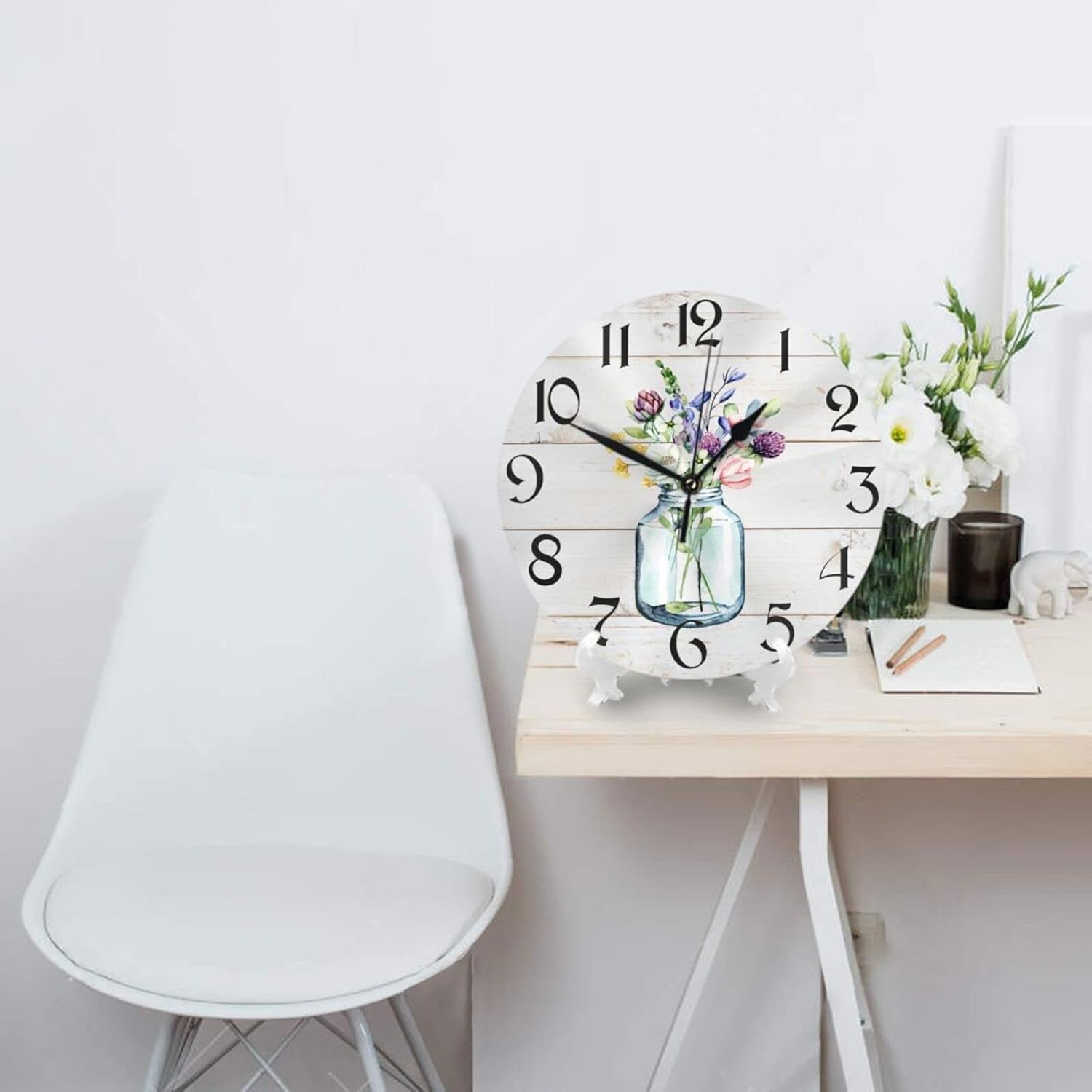 Reloj de pared con flores de resorte, rústico, silencioso, sin tictac, relojes redondos de 10 pulgadas, funciona con pilas, analógico de cuarzo para
