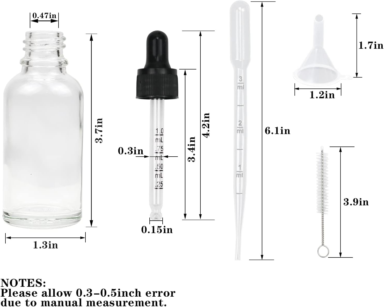 Botella cuentagotas transparente de 2 onzas, 6 botellas redondas de vidrio con cuentagotas Boston y 2 cuentagotas de ojos medidos de 0.17 onzas