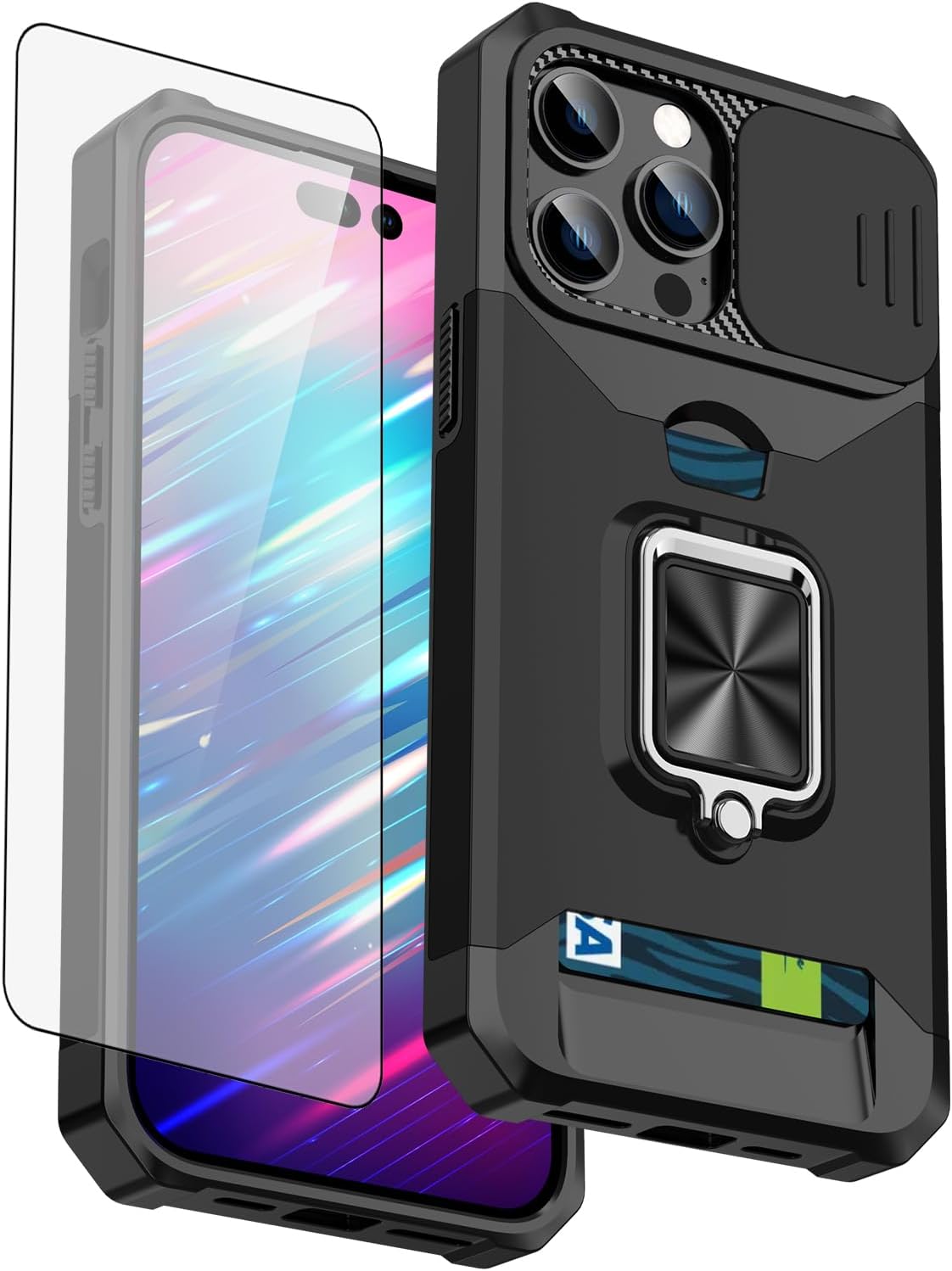 Asuwish Funda compatible con iPhone 15 Pro Max de 6.7 pulgadas y protector de pantalla de vidrio templado, tarjetero y anillo para teléfono celular