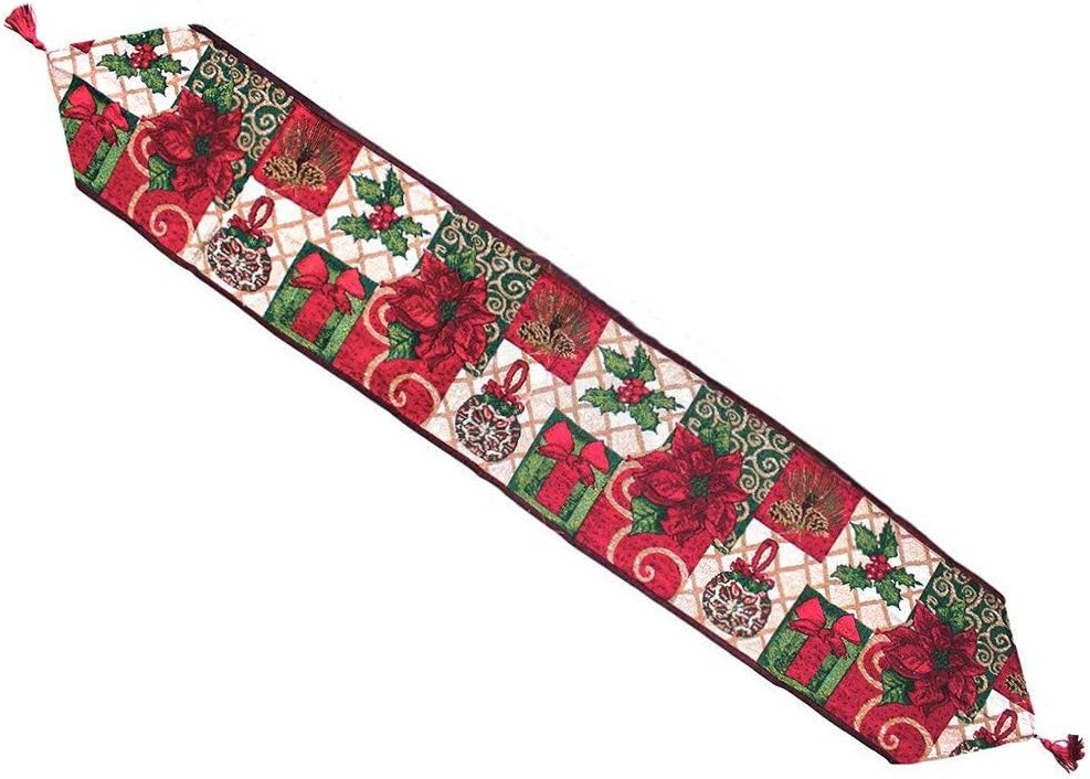 Camino de mesa decorativo de Navidad de 13 x 71 pulgadas, tejido jacquard rojo de flor de pascua verde, hojas verdes, alegría, paz, amor, flor de