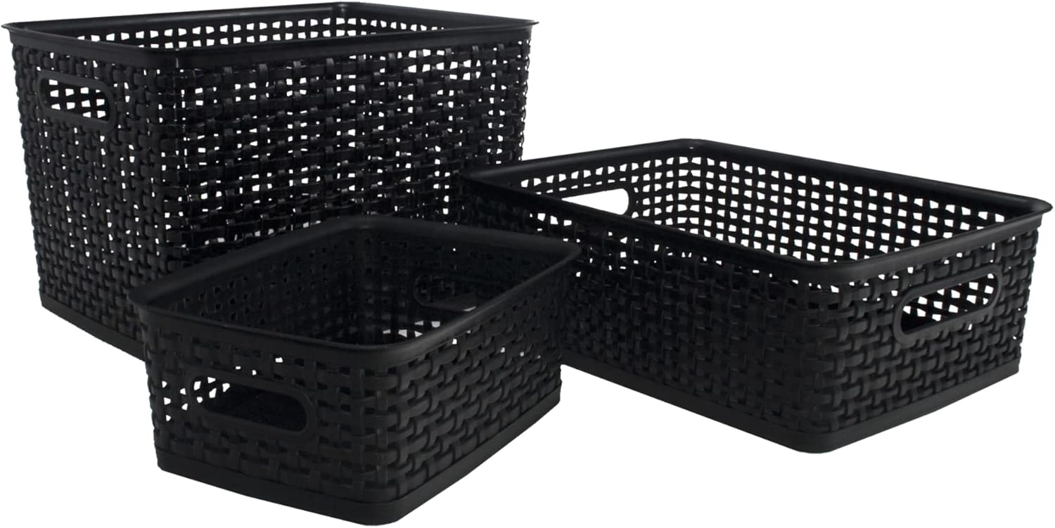 ADVANTUS Corporation – Contenedor de plástico grande con diseño de tejido, negro, 13.75 pulgadas de largo x 10.5 pulgadas de ancho x 8.75 pulgadas