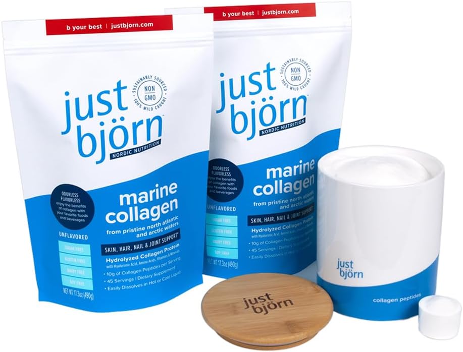 Marine Collagen Starter Kit  Soporte para piel, cabello, uñas y articulaciones  Contiene tarro de cerámica, cuchara y dos bolsas de tamaño completo