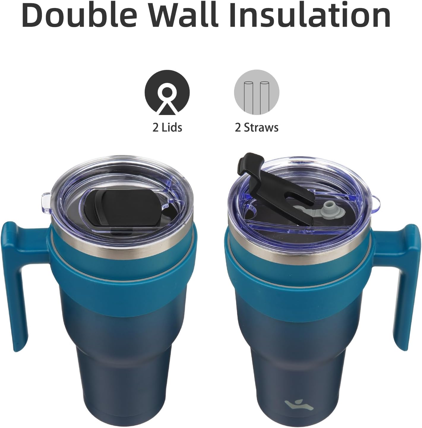 Vaso de 30 onzas con asa y 2 pajillas, 2 tapas, botella de agua aislada de acero inoxidable al vacío, taza de viaje reutilizable, color negro índigo