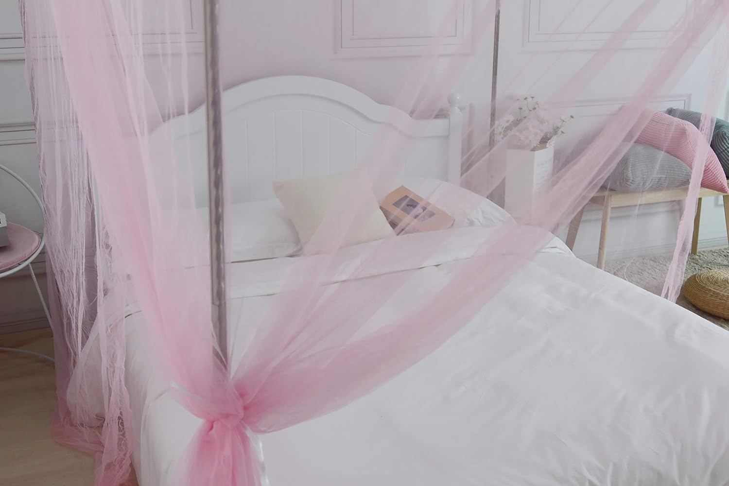 Toldo de cama, red de cortina de cama de princesa para niñas y adultos, red rectangular de cúpula de encaje de tres puertas (rosa, Queen)