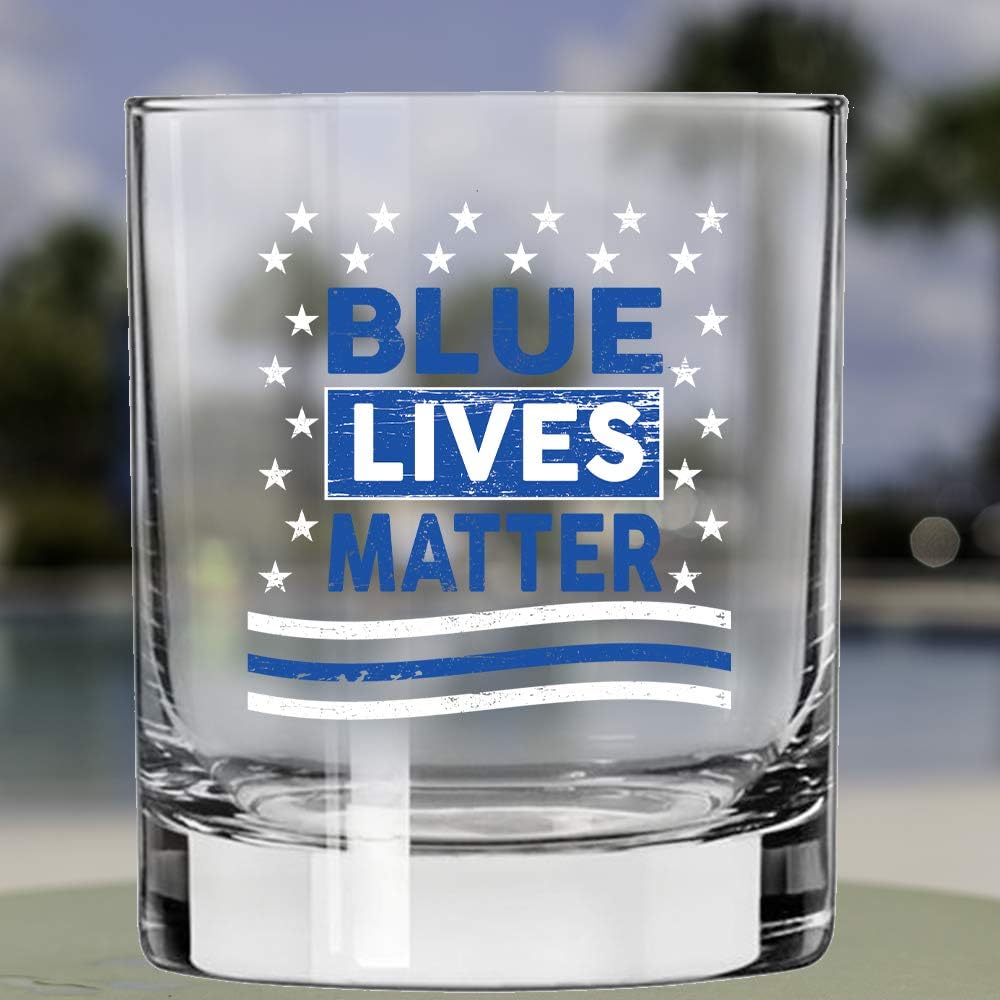Lucky Shot Blue Lives Matter Design – Vaso de whisky escocés de 11 onzas, novedosos vasos de whisky a la antigua, vidrio clásico de rocas bajas