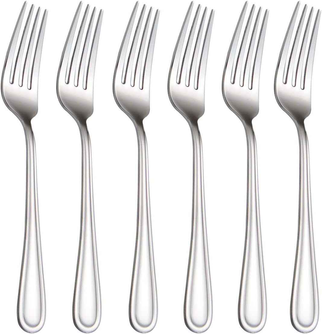 Juego de 6 tenedores de ensalada de 7 pulgadas, tenedores de mesa de acero inoxidable para pulir espejo (plateado, mango redondo de 6 piezas)