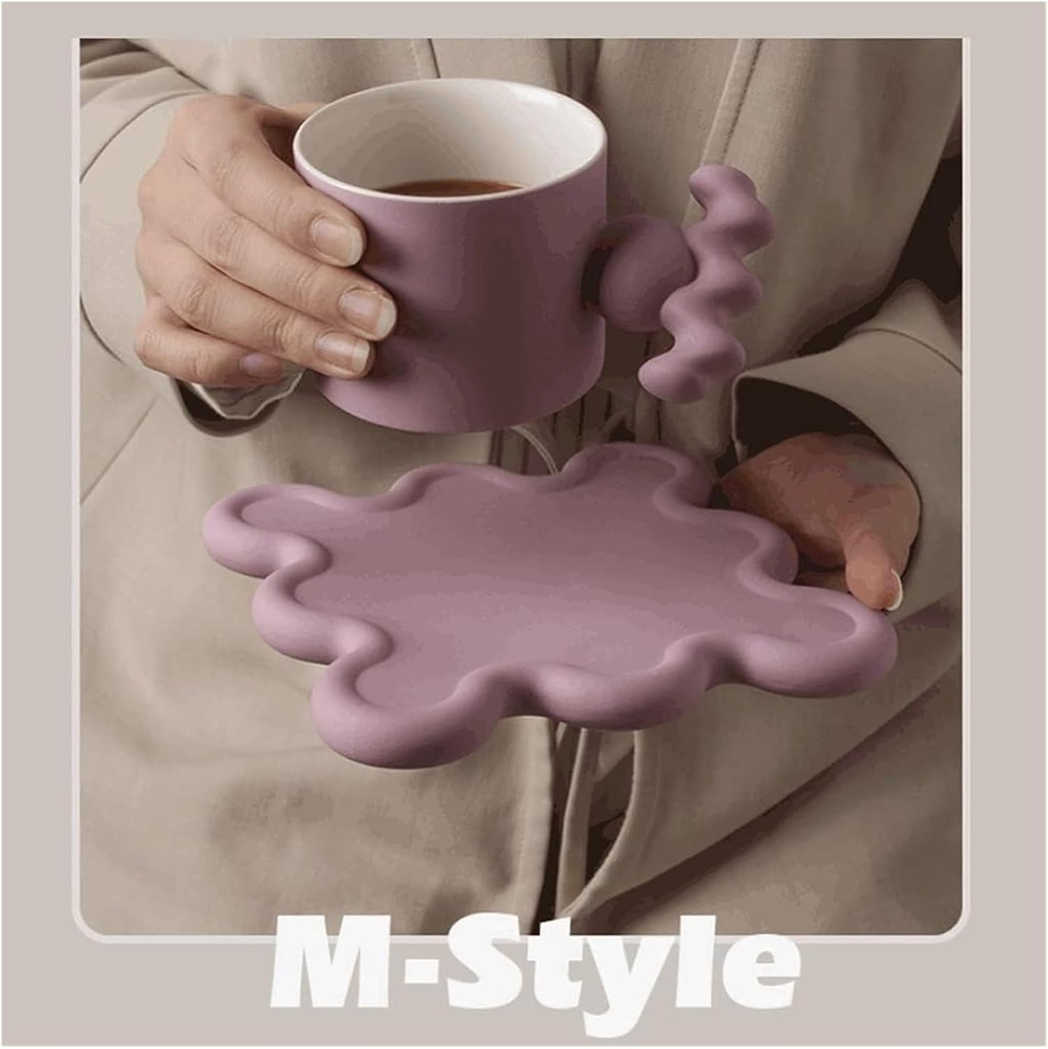 Taza creativa de cerámica taza de café y platillo, 7.1 fl oz, taza estética reutilizable de cerámica esmerilada para bebidas fríascalientes, 5