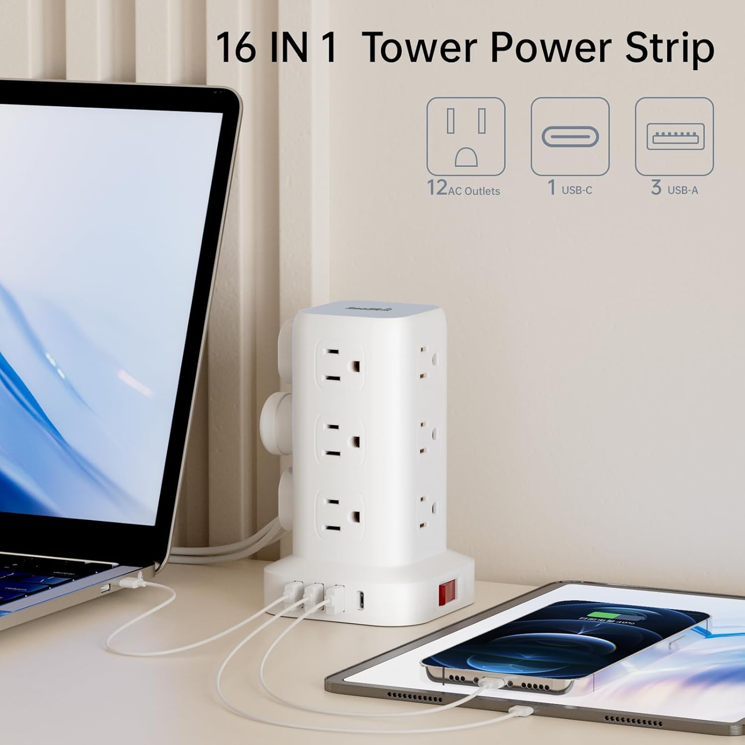 Regleta protectora contra sobretensiones, cable de extensión de enchufe plano ultrafino de 10 pies con 12 tomas de corriente alterna, 4 USB (1 USB