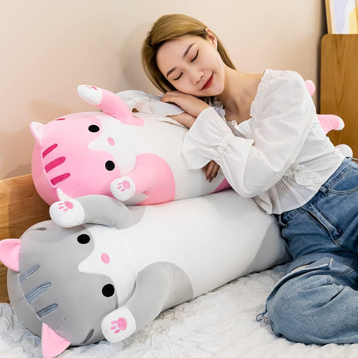 Almohada larga de felpa suave con diseño de gato, almohada suave para abrazar, almohada de animal de peluche para dormir, regalo para niños (43.30