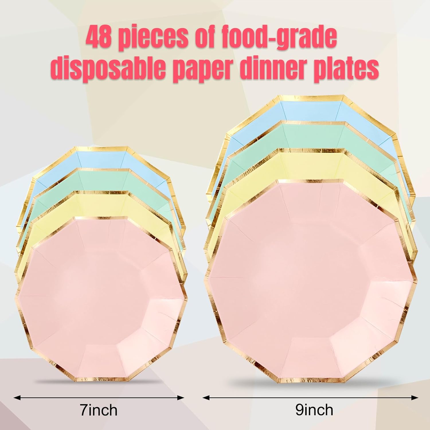 Whaline 48 platos de papel pastel de 7 pulgadas y 9 pulgadas Decagon desechables con ribete dorado para bodas, fiestas de cumpleaños, vacaciones,