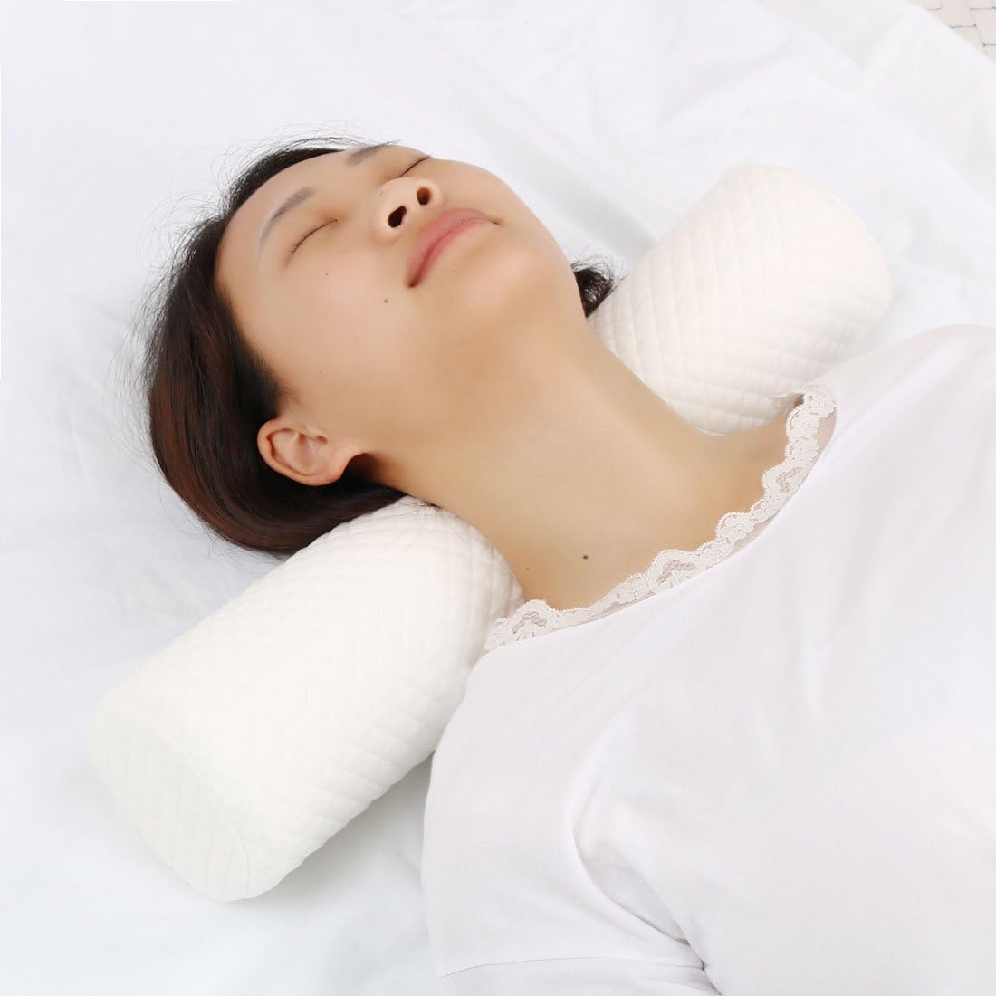 Qtqgoitem – Almohada cervical de cuello redondo de espuma viscoelástica con funda de algodón orgánico lavable (15 x 3 pulgadas, blanco) (modelo b25