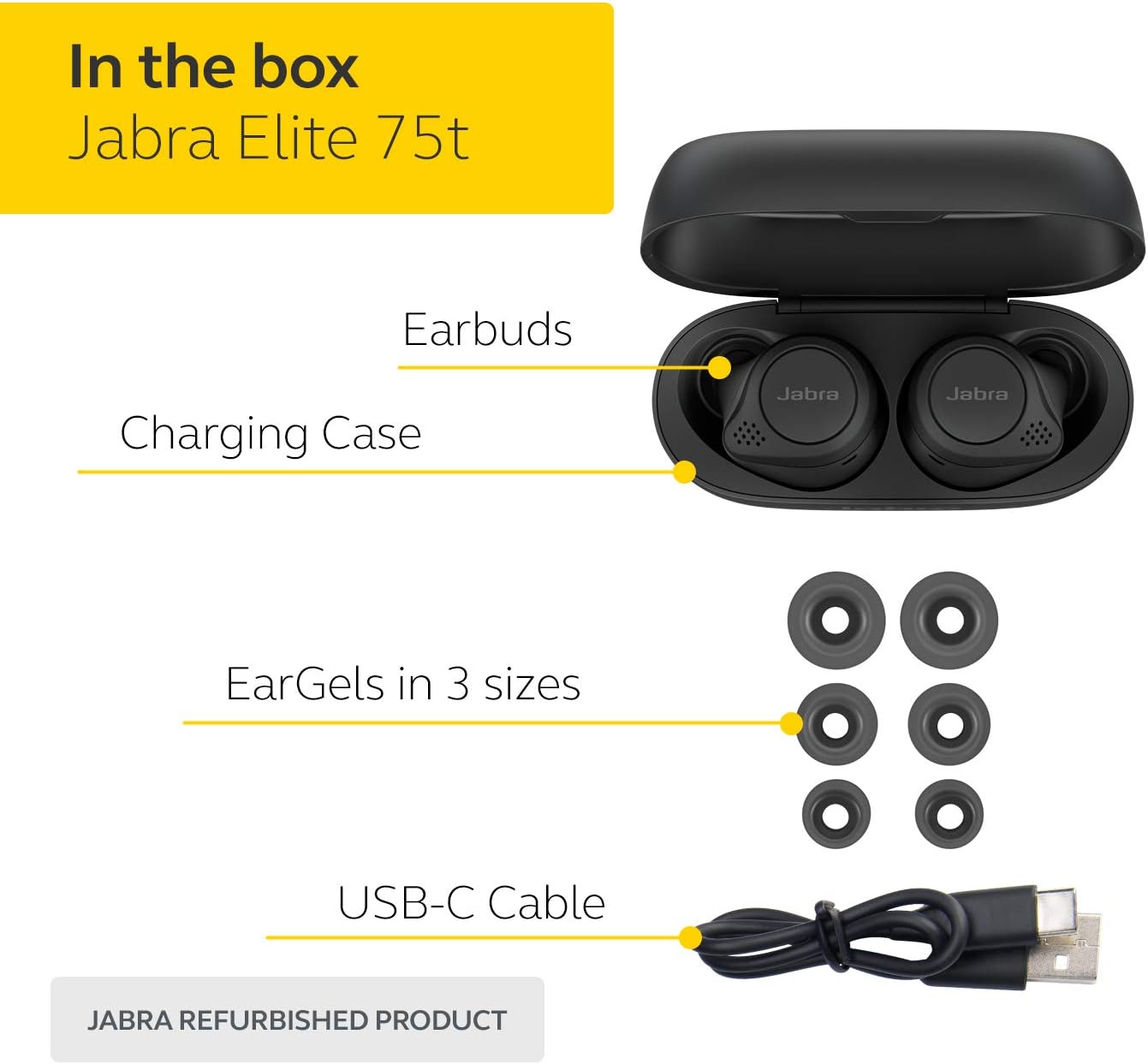 Jabra Elite 75t Auriculares inalámbricos con asistente de voz negro habilitado con estuche de carga (renovado)