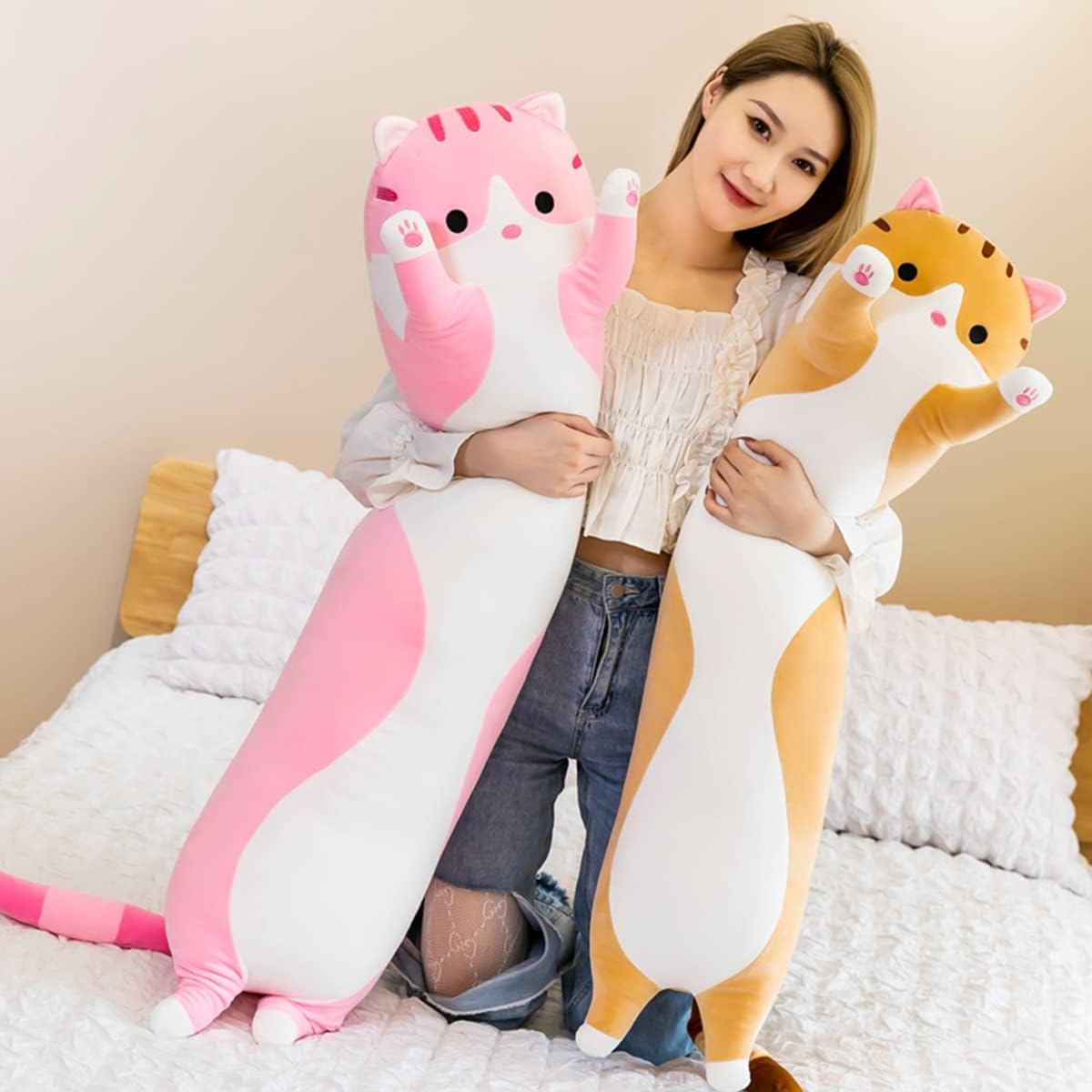 Almohada larga de felpa suave con diseño de gato, almohada suave para abrazar, almohada de animal de peluche para dormir, regalo para niños (43.30