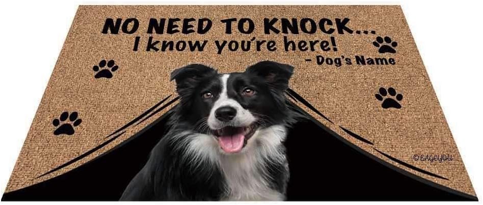 BAGEYOU Felpudo personalizado con nombre de perro con My Love Dog Border Collie Welcome Floor Mat No Need to Knock I Know You’re Here 35.4″ x 23.6″