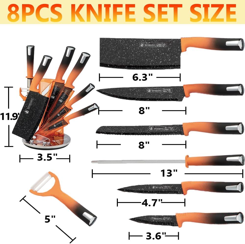 YF-TOW Juego de cuchillos de cocina, 8 cuchillos de acero inoxidable para cocina con bloque, con afiladores, antideslizantes, cuchillo de chef,