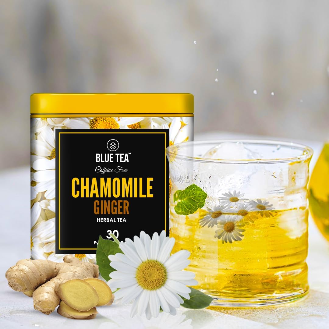 BLUE TEA – Té de hierbas de jengibre y manzanilla – 30 bolsas de té  Regalo del día de la madre  Super antioxidante  Sin cafeína  A base de flores –