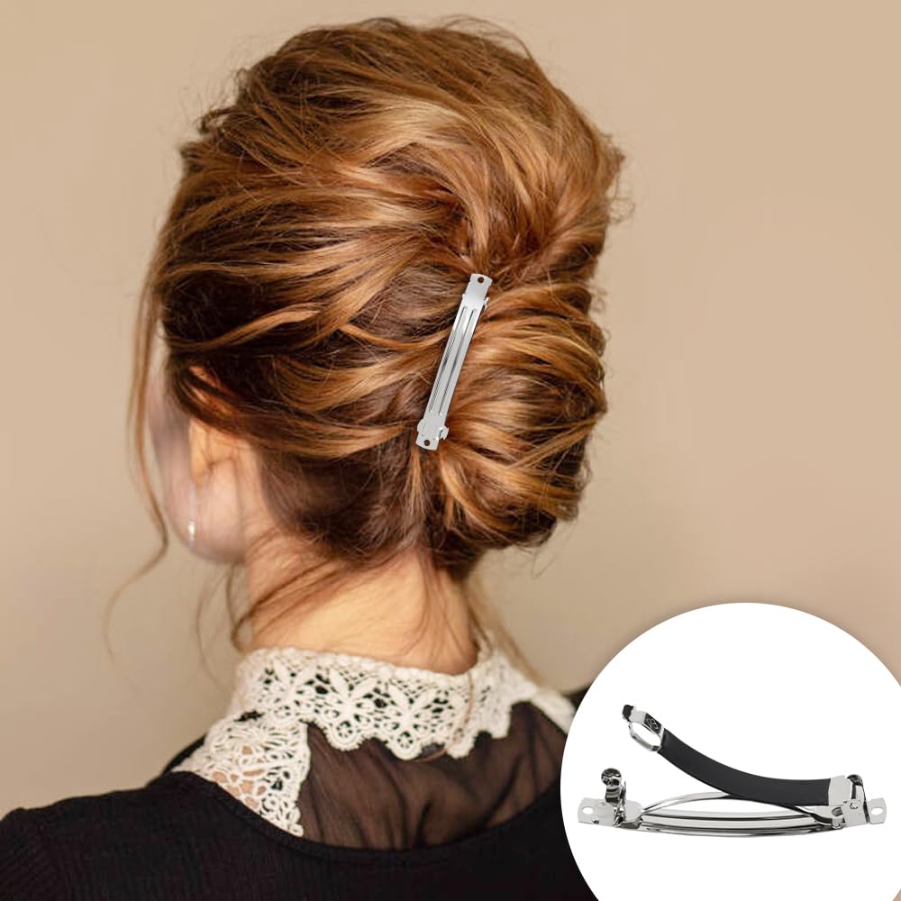 Cinaci Paquete de 20 pasadores de pelo franceses de metal plateado con cubierta de cuero negro, broches para el cabello para mujeres, niñas,