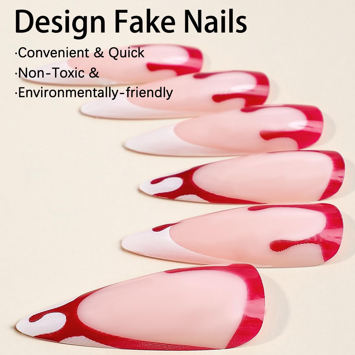 24 uñas postizas a presión para Halloween, punta francesa, uñas largas con pegamento en las uñas con diseño de sangre, puntas de uñas blancas, uñas