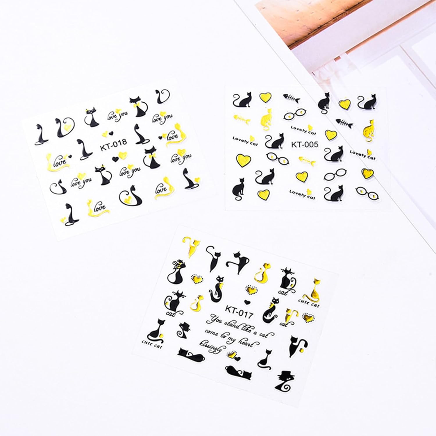 30 hojas de calcomanías de arte de uñas de gato negro, autoadhesivas, 3D, diseños de uñas de Halloween, lindos corazones de dibujos animados,