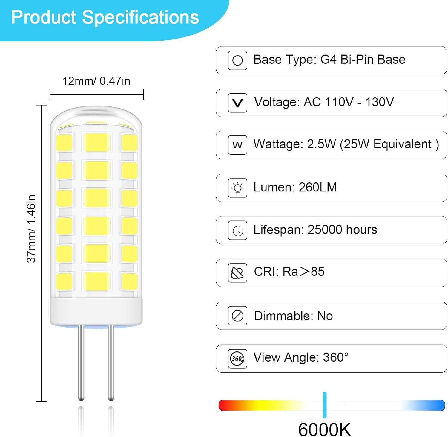 G4 110 V-130 V 2.5 W LED de repuesto para bombilla halógena de 25 W-30 W, bombillas de base blanca de bajo pin para debajo del gabinete, iluminación